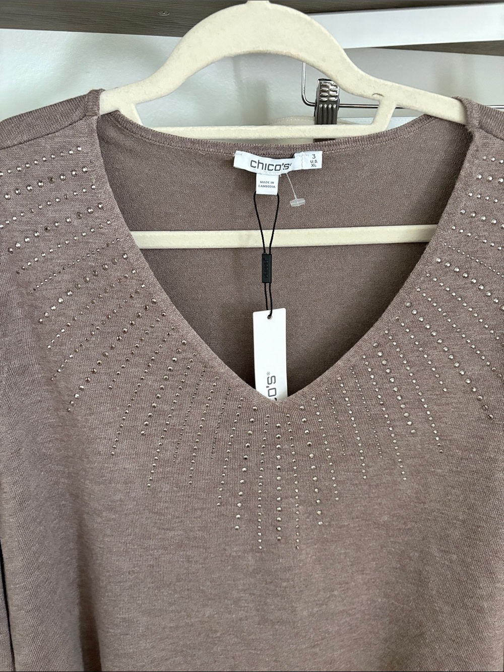 Chico's taupe V-Neck Studded Knit Sweater